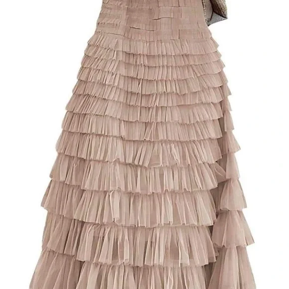 Tan Tiered Maxi Skirt for Cocktail Events Size Medium w/ Adjustable waistband - Picture 4 of 6